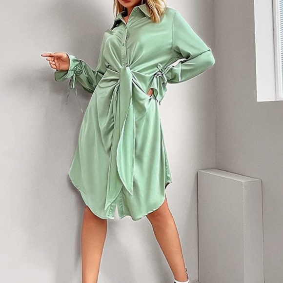 Hazel & Olive light green/mint silky satin shirt dress Size L - Picture 1 of 17